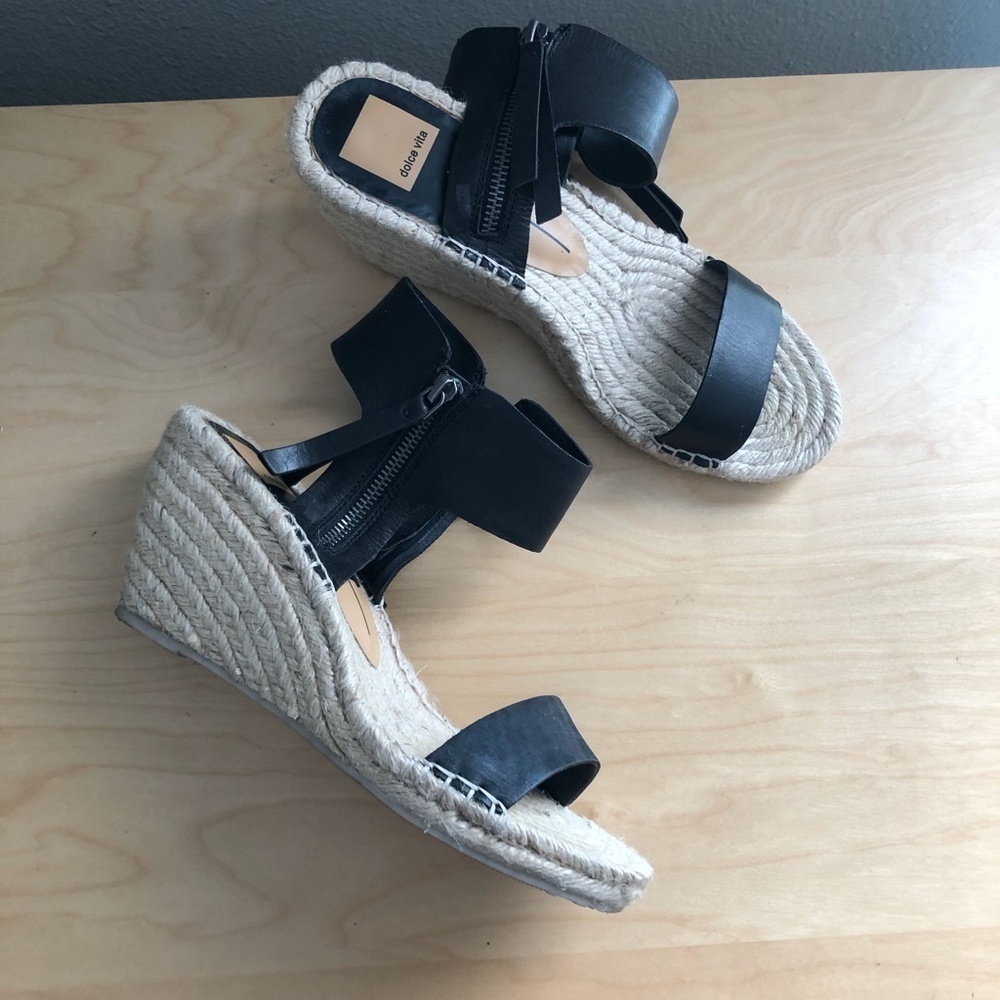 DOLCE VITA Gisele Womens Black Leather Espadrille Sandals 8.5 Ankle Wrap Coastal